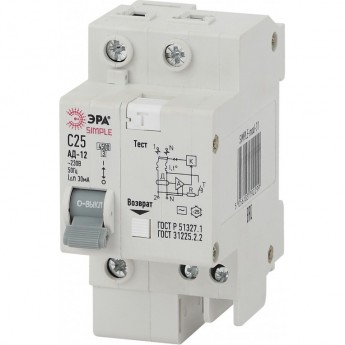 Автоматический выключатель ЭРА SIMPLE-MOD-30 дифференциального тока 1P+N 20А 30мА тип АС х-ка Автоматический выключатель ЭРА SIMPLE-MOD-30 дифференциального тока 1P+N 20А 30мА тип АС х-ка