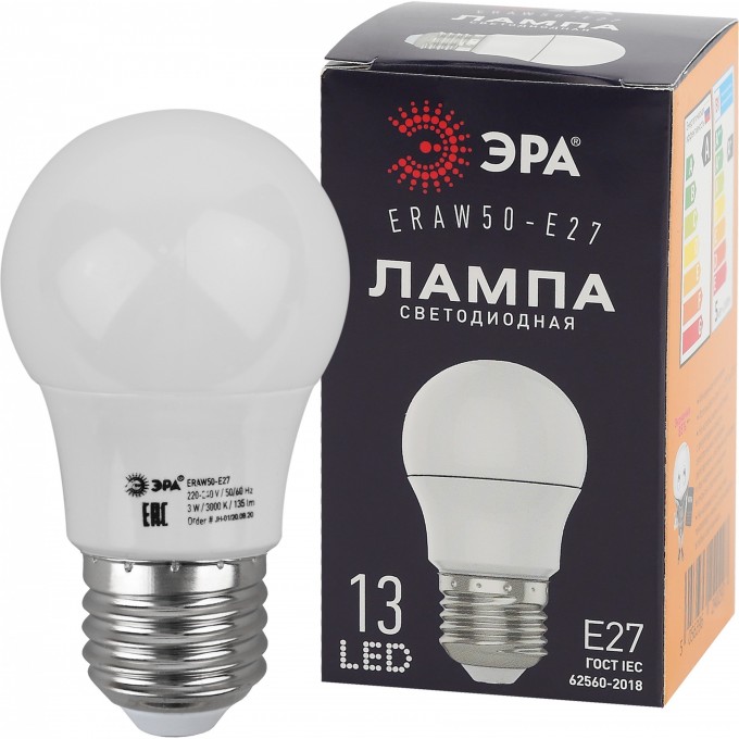 Лампа светодиодная ЭРА ERAW50-E27 A50 3Вт груша бел. E27 13SMD для белт-лайт B0049582 Лампа светодиодная ЭРА ERAW50-E27 A50 3Вт груша бел. E27 13SMD для белт-лайт B0049582