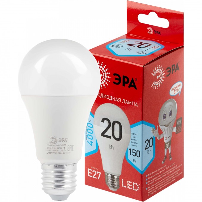 Лампа светодиодная ЭРА RED LINE LED A65-20W-840-E27 R 20Вт A65 груша 4000К нейтр. бел. E27 B0049637 Лампа светодиодная ЭРА RED LINE LED A65-20W-840-E27 R 20Вт A65 груша 4000К нейтр. бел. E27 B0049637