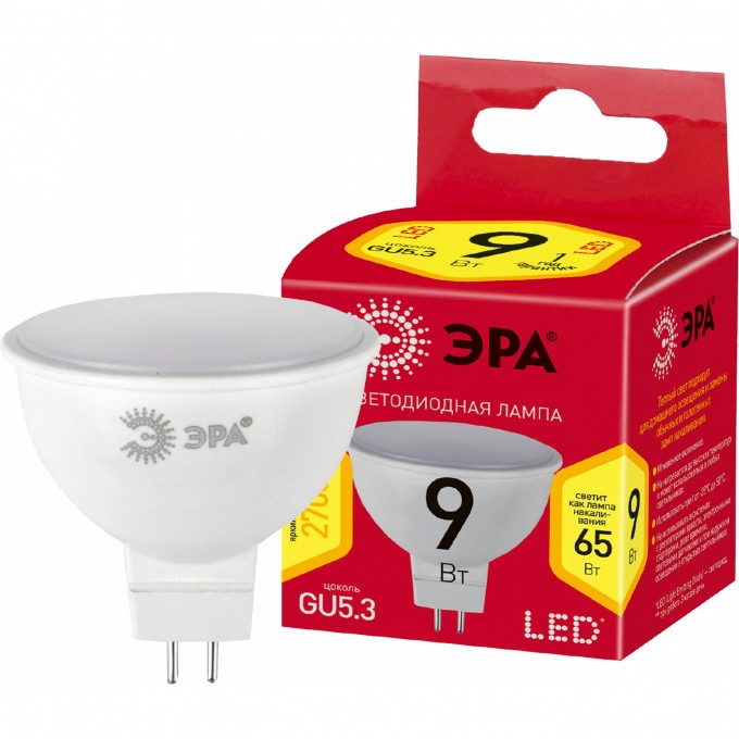Лампа светодиодная ЭРА RED LINE LED MR16-9W-827-GU5.3 R 9Вт софит тепл. бел. свет Б0054239 B0054239 Лампа светодиодная ЭРА RED LINE LED MR16-9W-827-GU5.3 R 9Вт софит тепл. бел. свет Б0054239 B0054239
