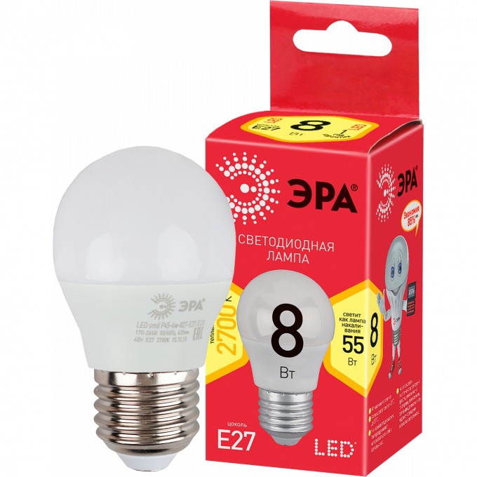 Лампа светодиодная ЭРА RED LINE LED P45-8W-827-E27 R Е27 / E27 8Вт шар тепл. бел. свет B0053028 Лампа светодиодная ЭРА RED LINE LED P45-8W-827-E27 R Е27 / E27 8Вт шар тепл. бел. свет B0053028