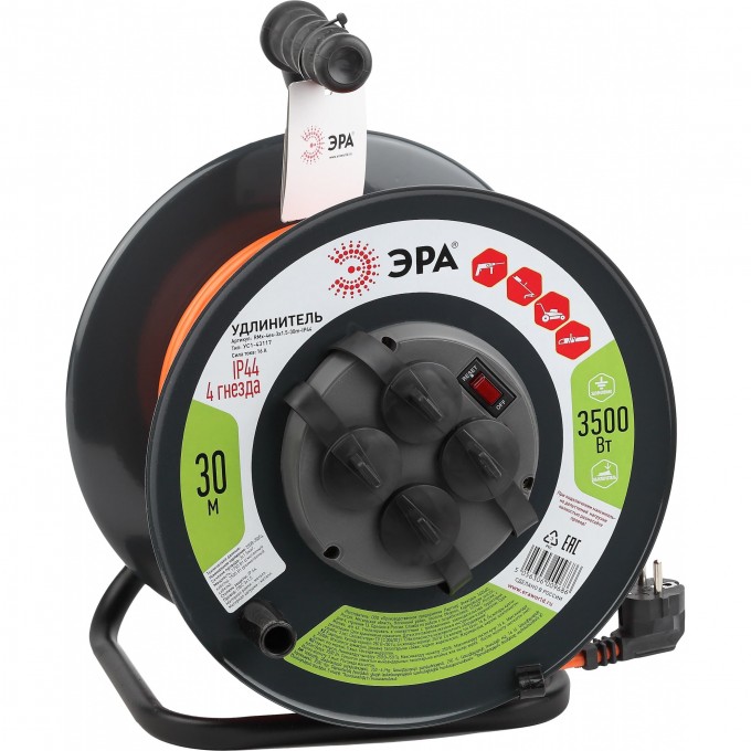 Удлинитель силовой ЭРА RMx-4es-3x1.5-30m-IP44 на металлической катушке c заземлением 4 розетки 30м ПВС 3х1.5мм2 B0046850 Удлинитель силовой ЭРА RMx-4es-3x1.5-30m-IP44 на металлической катушке c заземлением 4 розетки 30м ПВС 3х1.5мм2 B0046850