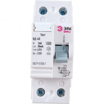 Устройство защитного отключения ЭРА УЗО ВД-40 2P 16А/30мА SIMPLE-MOD-41 электронное Устройство защитного отключения ЭРА УЗО ВД-40 2P 16А/30мА SIMPLE-MOD-41 электронное